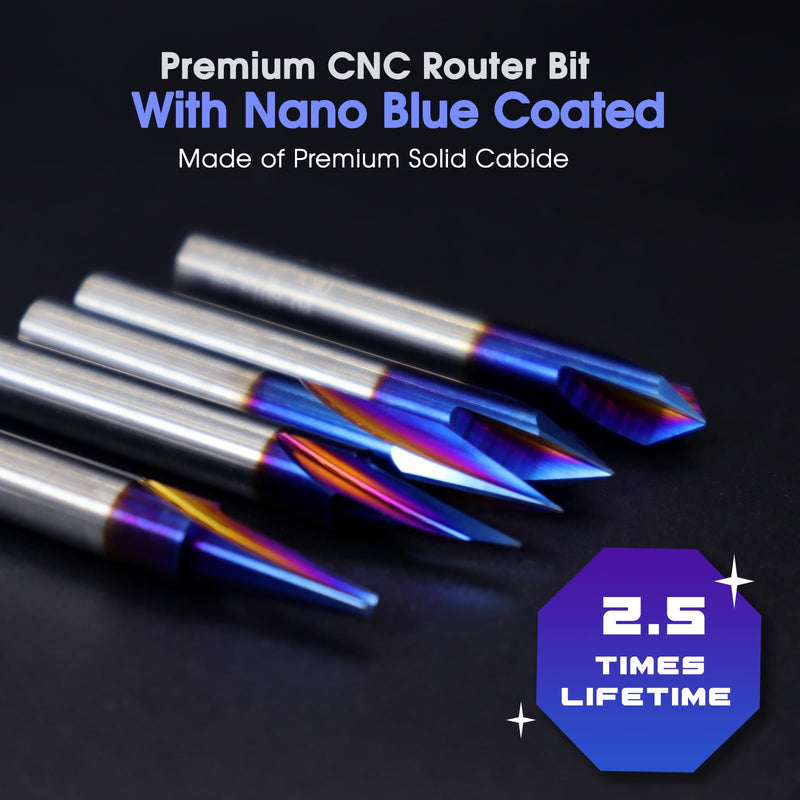 5 Piece Engraving CNC Wood Carving Router Bit with Nano Blue Coated Tungsten Soild Carbide 15° 20° 30° 60° 90° V Groove Endmill Bit Profile Router Bits for Sign Making Multiple Degree