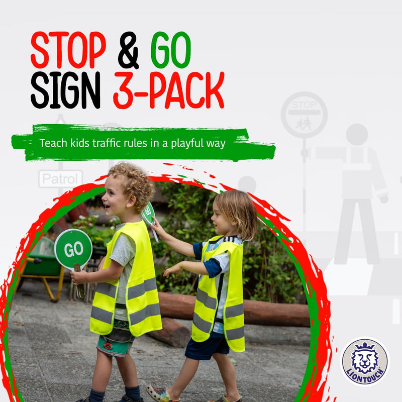 Liontouch - Stop & Go Signs, 3-Pack, Red & Green | 1+ Year - 8.9 x 5.5 in | Durable & Reversible Lollipop-Shaped Foam Paddle for School Patrolling Kids | for Teaching Children Traffic & Street Safety