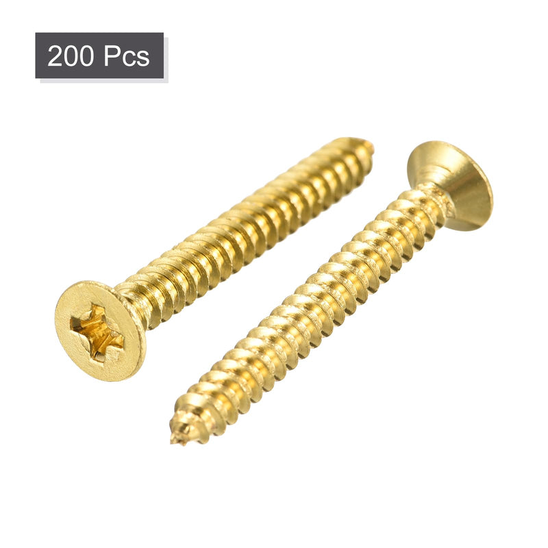 uxcell Brass Wood Screws, M4x35mm Phillips Flat Head Self Tapping Connector for Door Hinges, Wooden Furniture, Home Appliances 200Pcs 200