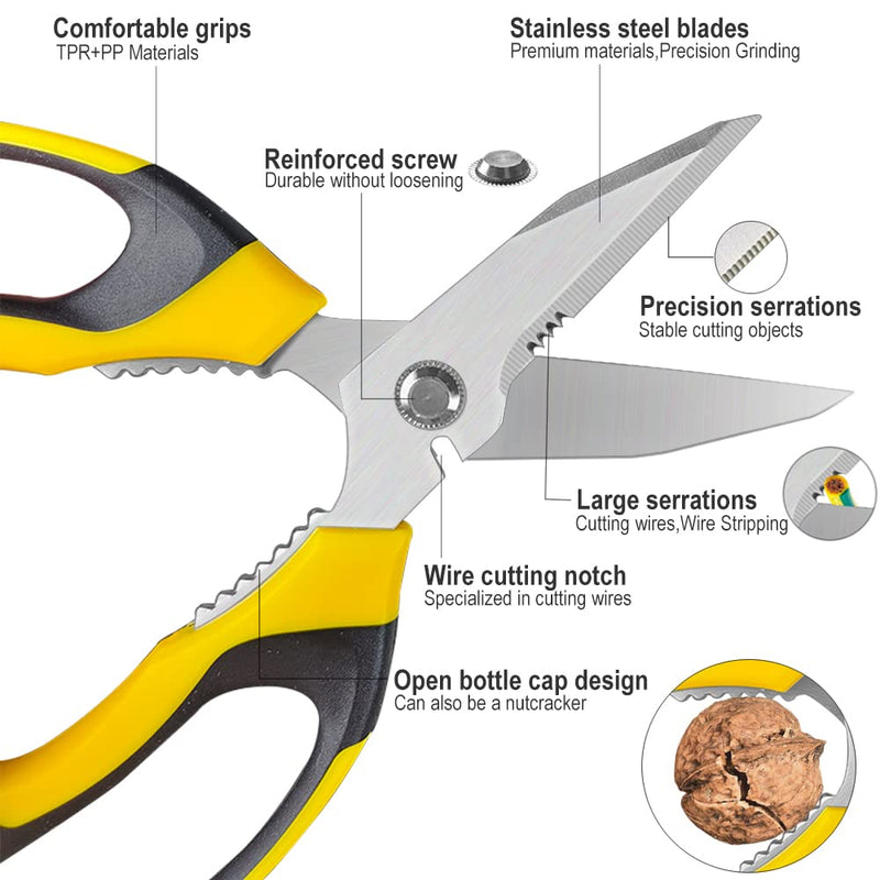 [Australia - AusPower] - Scissors Heavy Duty 8'', Carpet Scissors, Multipurpose Scissors with Protective Cover, Stainless Steel Serrated Blades, Easy Cutting Cardboard, Leather, Fabric, Wires, Nutcracker, Yellow 