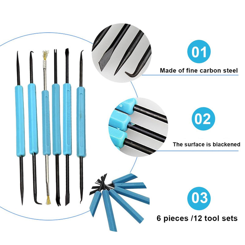 IKOPFLN 6 in 1 Blue Double-Sided Solder Assist Disassembly Tool, Hex Grip Solder Assist Fork + Reamer + Chip Hold + Brush + Needle + Hook