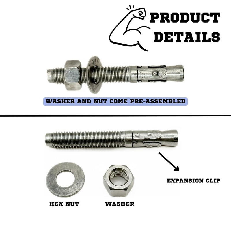 MIGHTY FASTENERS Premium 316 Stainless Steel Wedge Anchor, 1/2"-13 X 3-3/4" – Heavy Duty Corrosion Resistant Fastener for Concrete and Masonry Applications 5 Pack 1/2"-13 X 3-3/4"