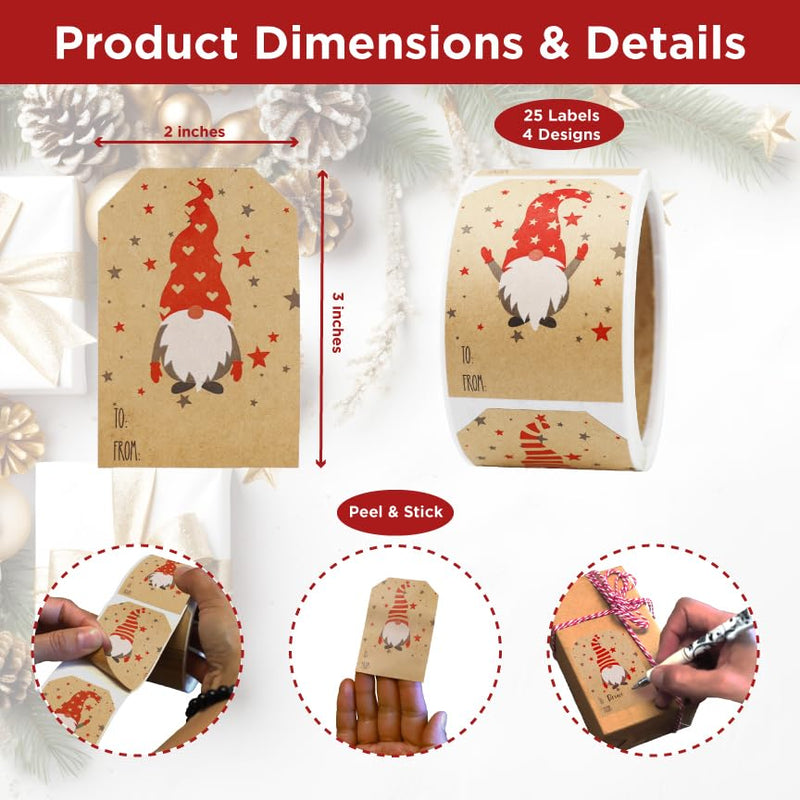 It’s A Gnome Christmas Gift Tag Stickers – 2 x 3 Inch Holiday Labels with Whimsical Gnome Designs – 25 Brown Kraft Adhesive Tags, Eco-Friendly, Made in USA