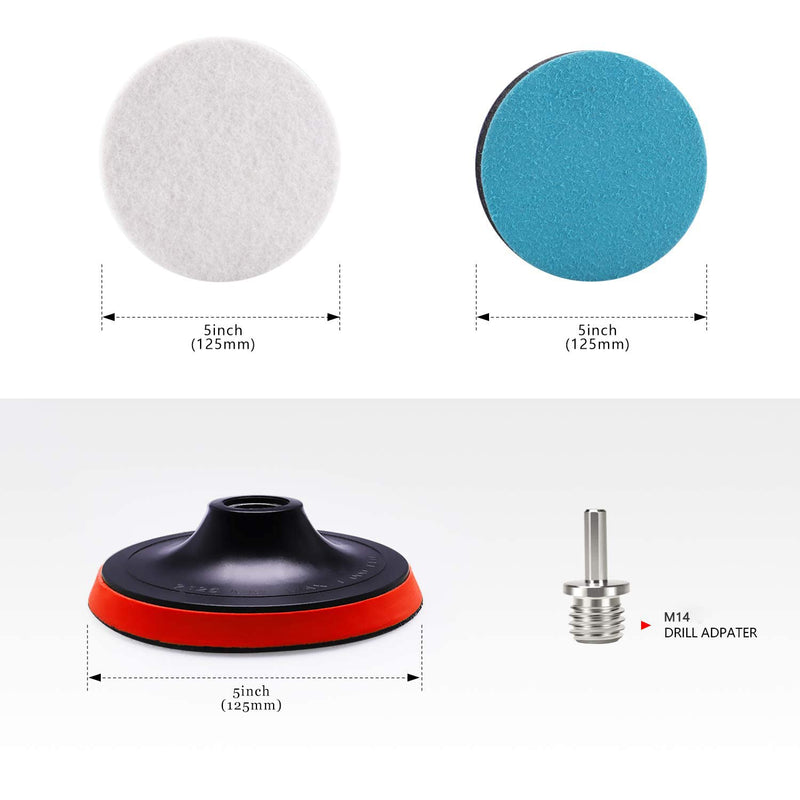 [Australia - AusPower] - 5Inch Glass polishing Pads, 10Pcs Wool Felt Disc Glass Polishing Kit Buffing Pads Sanding Discs with Backing Pad and M14 Drill Adapter for Rotary Tools Polish Glass and Metal 