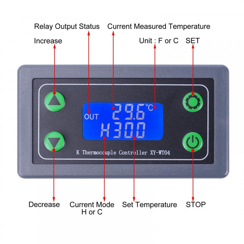 [Australia - AusPower] - DONGKER XY-WT04 High Temperature Digital Thermostat,-99-999 ℃ 1m K-Type Thermocouple Temperature Sensor LCD Display 10A Relay Switch Controller 