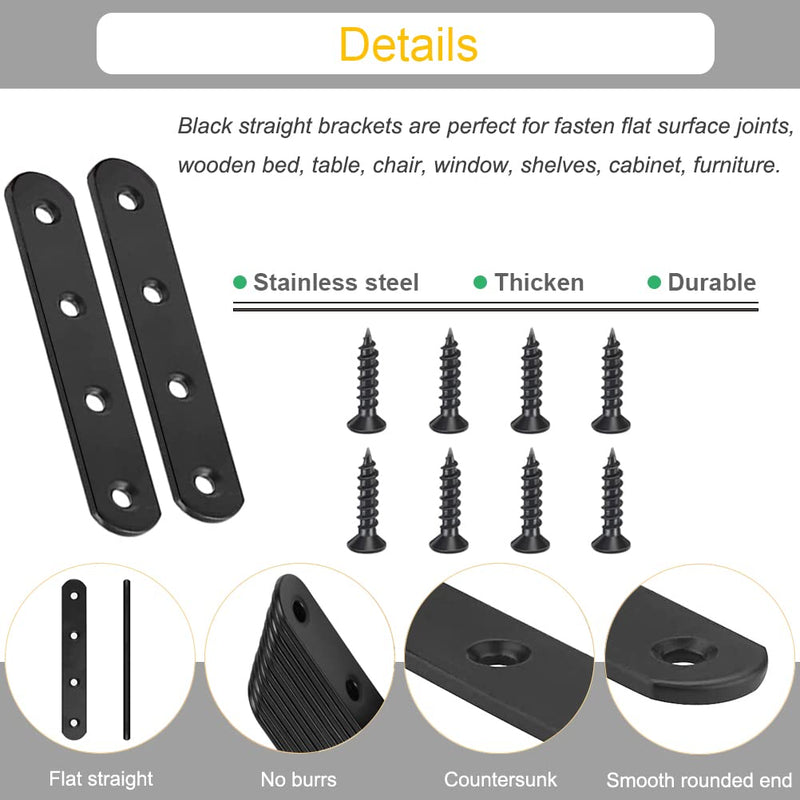 [Australia - AusPower] - 8 Pack Black Straight Brace Brackets 4 Inch Stainless Steel Flat Mending Plates, Heavy Duty Repair Fixing Joining Brackets for Wood with Screws Black 4" x 0.8" 8 