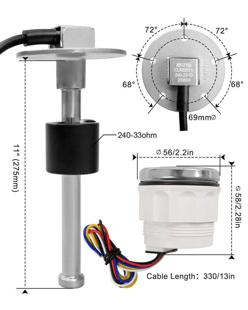 [Australia - AusPower] - 240-33 ohm 11"(275mm) Fuel Sender Boat Fuel Tank Sending Unit, Stainless Steel Fuel Water Level Sensor, High Precision Sensor Fuel Sending Unit and Fuel Gauge for Marine Car Truck RV 11" Sender+Fuel Gauge 