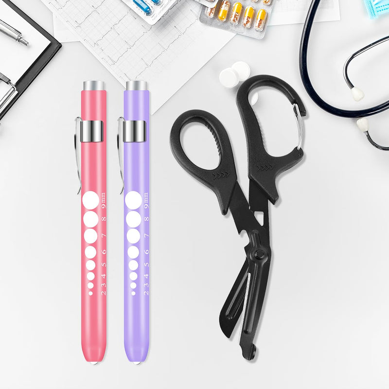 [Australia - AusPower] - Nurse Penlight with Pupil Gauge, 2 Pack LED Medical Pen Lights for Nursing Doctors, EMTs Pink and Purple with Batteries 