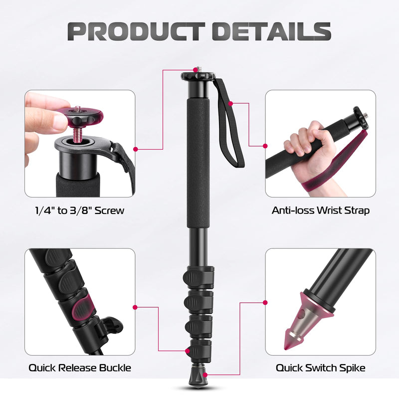 [Australia - AusPower] - ULANZI TB12 61-Inch Camera Monopod, Aluminum Photography Monopod with 5-Section Height, Lightweight & Portable Camera Accessories, for Cameras Canon, Nikon & Sony Mirrorless & DSLR, Easy to Carry 