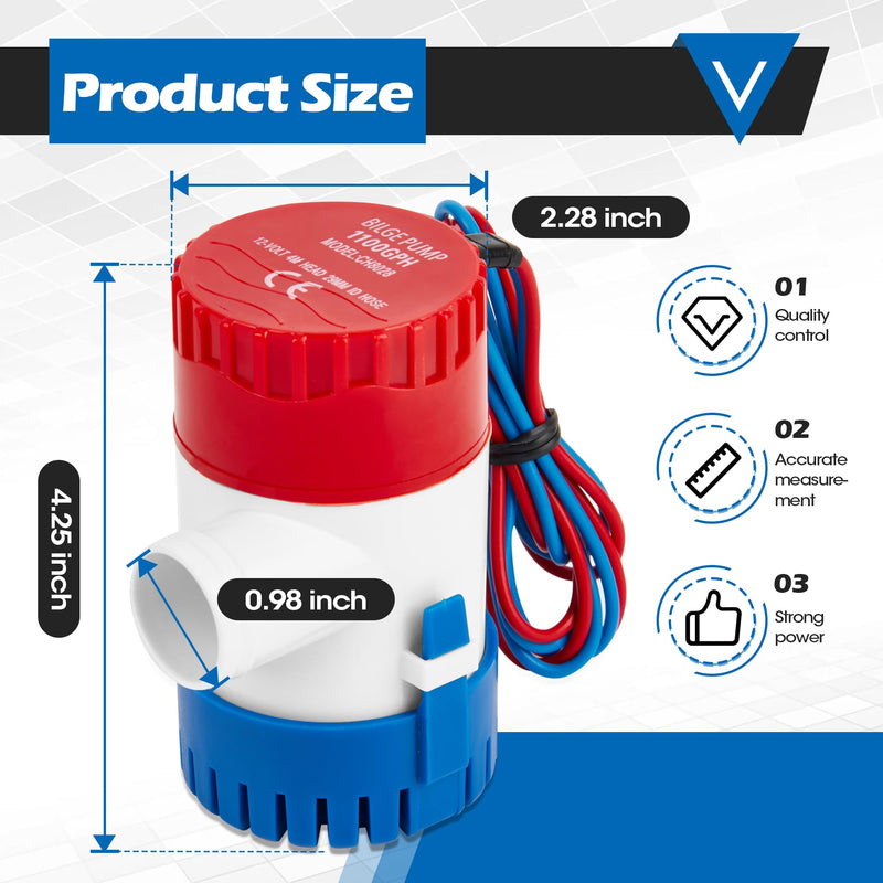 12V 1100GPH Bilge Pump Kit, 0.98 Inch, Non-automatic | 6 ft/1.8 meters Bilge Pump Hose, 2pcs Stainless Steel Clamps, Thru Hull Fitting, For Boats, Speedboats, Yachts B - 1100GPH