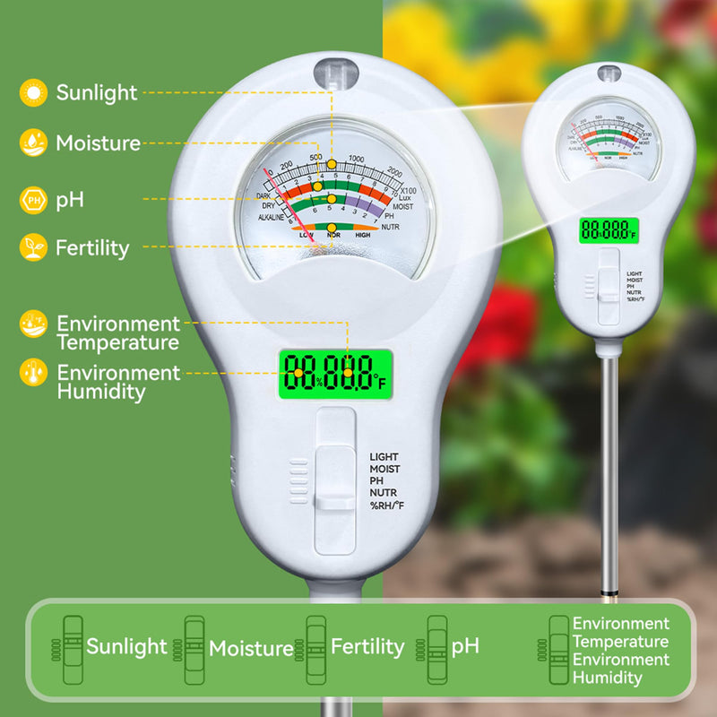 [Australia - AusPower] - 6-in-One Soil Test Kit-Soil Moisture Meter/PH Meter/Fertility/Sunlight Intensity Soil Tester, Dual Screen Meter Display & Rotatable Head for Indoor&Outdoor Plants, Lawn&Farm 