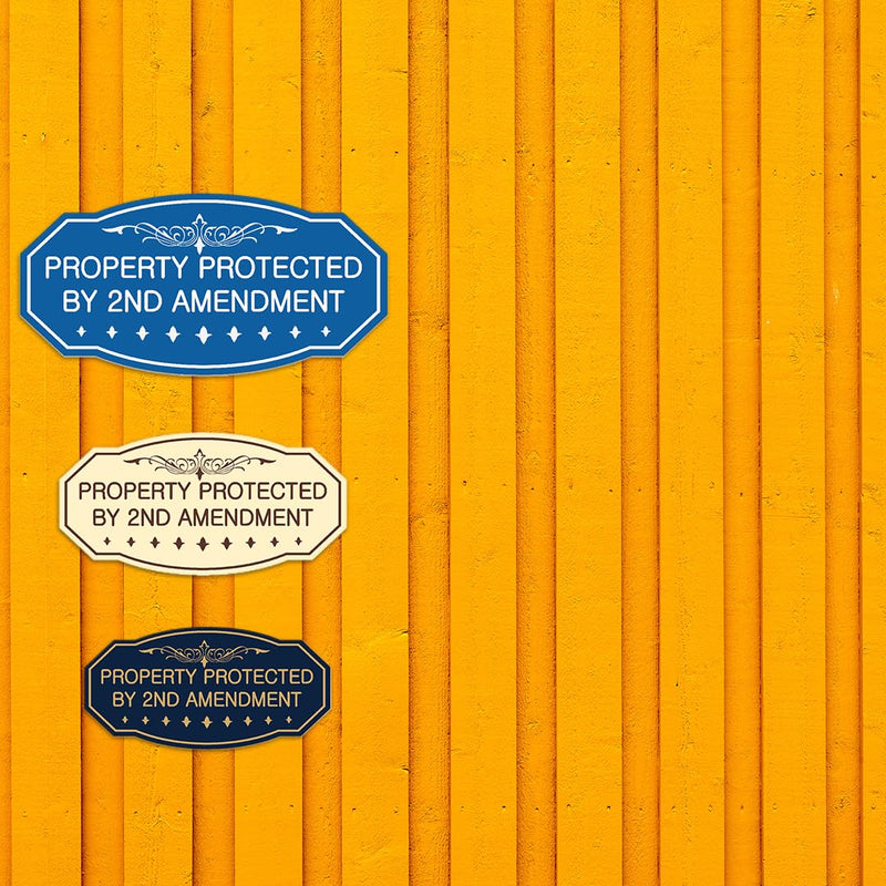 Victorian Property Protected By 2nd Amendment Sign - Easy Installation | Durable Wall or Door (Black Gold) - Large (2 Pack) 5 x 10" - Large (2 Pack) Black Gold
