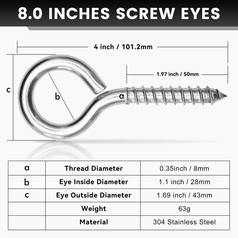 [Australia - AusPower] - 2Pcs Self Tapping Eyelet Screw Eye Bolt，4 Inch Heavy Duty Screw Eyes Hooks ，M8 Wooden Large Screw Eye Hook，Load Capacity 500 Lbs for Hammock ，Yoga，Heavy Indoor Outdoor Uses (2, M8-4 INCH) 2 