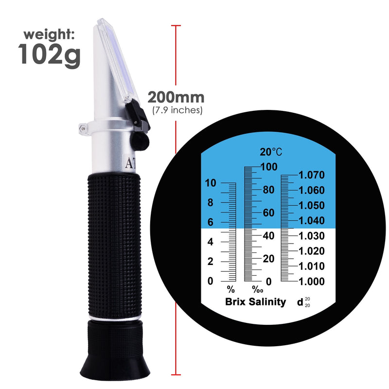 [Australia - AusPower] - Tri-Scale Refractometer ATC Brix 0-10%/ Salinity 0-100PPT/ Specific Gravity 1.000-1.070, for Saltwater Brackish Marine Reef Tank Salt Sea Water Hydroponic Aquarium Control Monitoring 