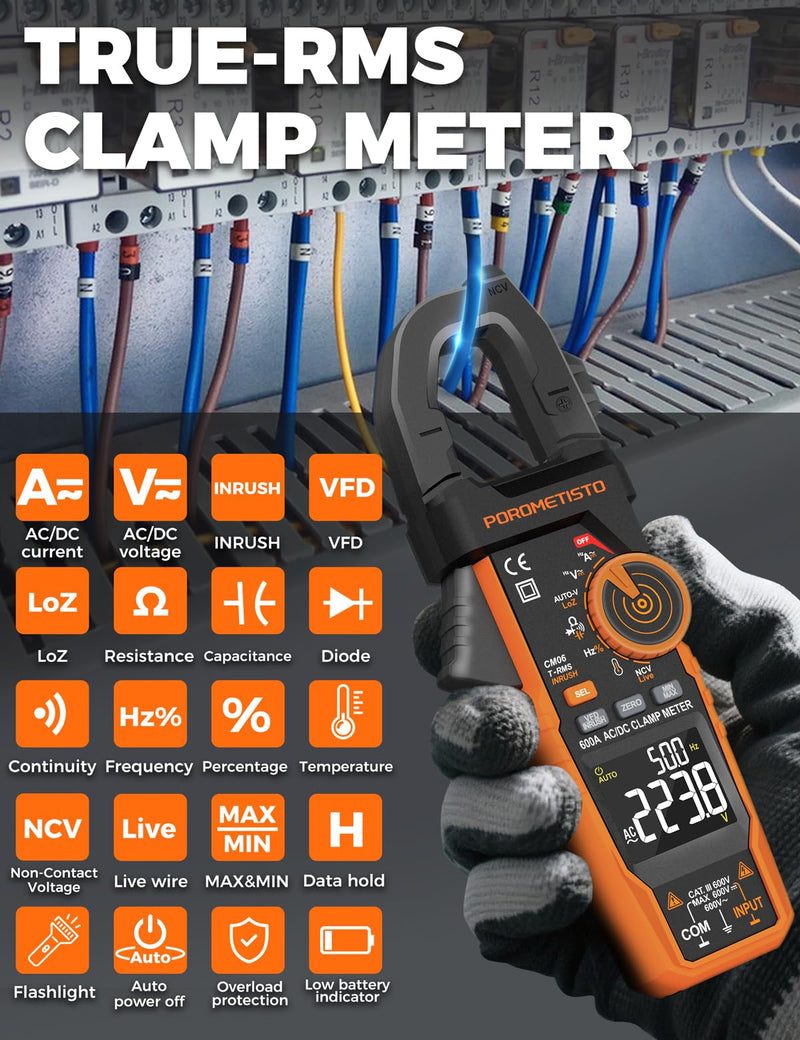 [Australia - AusPower] - Digital Inrush Clamp Meter, CM06 Clamp Multimeter, T-RMS 6000 Counts 600A Amp Meter with VFD, LOZ, Measures NCV, AC/DC Voltage Current, Continuity Capacitance Frequency Resistance 