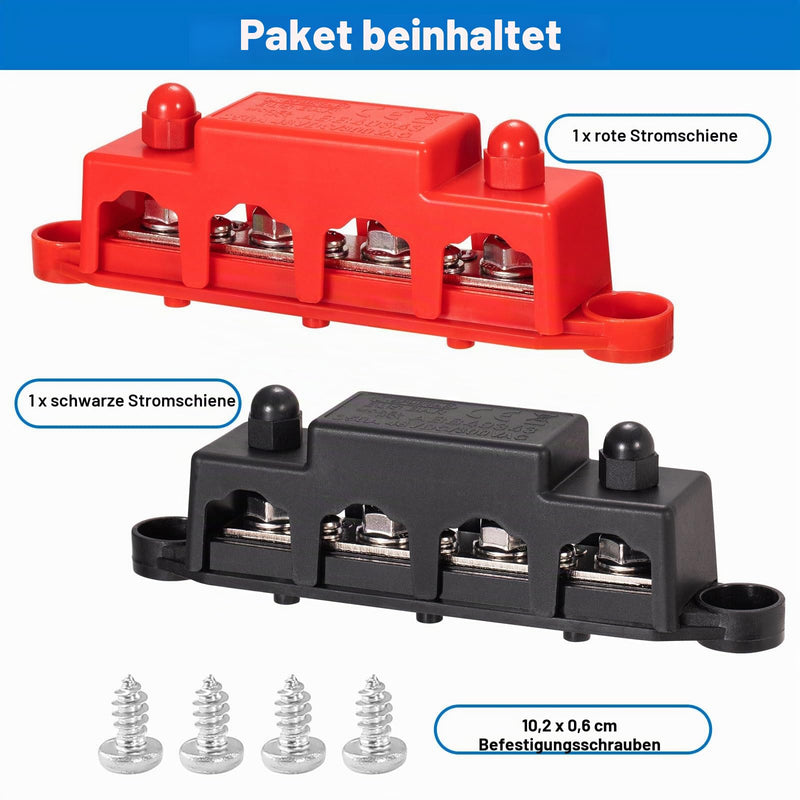 Spurtar busbar power distribution block 250A with cover, 4x M8 (5/16") clamping bolts, 3x M4 screws, 12V 24V 48V battery busbar for cars, trucks, motorhomes, boats | 250 A, 12-48 V DC, heavy duty, large design for battery systems in cars, caravans,...