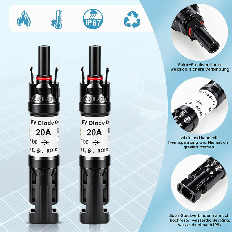 Solar PV Connector, Pack of 2 DC PV Plug, Solar M-C4 Plug Blocking Diode Solar PV Connector Parts with Built-in Anti-Backflow Diode, IP67 Waterproof for Connecting Solar Panels 20A