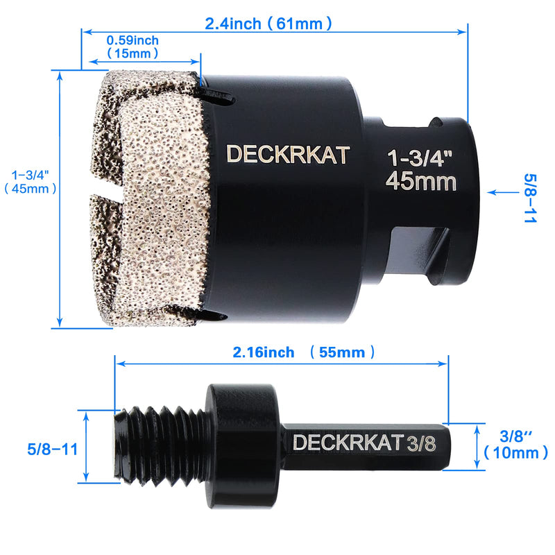[Australia - AusPower] - Diamond Hole saw, 1-3/4" Hole Saw for Tiles Granite Marble Ceramic Glass Porcelain, 45mm Core Drill Bit with 5/8-11 Thread and 3/8” Hex Shank Adapter for Angle Grinders & Drills 1-3/4"(45mm) 