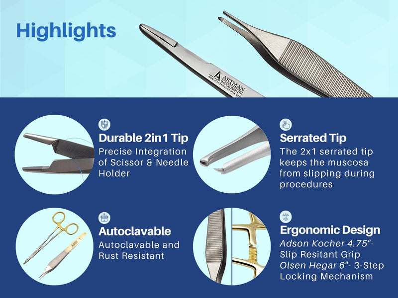 [Australia - AusPower] - Bundle of Olsen Hegar Needle Holder 6" Gold Plated Handle with Tungsten Carbide Inserts & Adson Forceps Kocher with Skin Stopper at The Back 4.75" Straight Fine Point 1X2 Teeth by Artman Instruments 