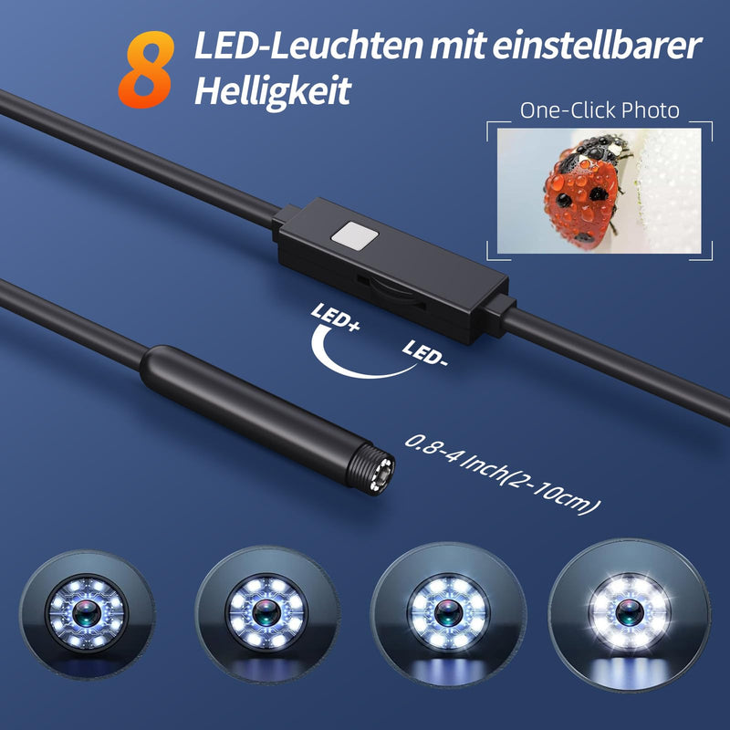 Endoscope Camera with Light, 1080P HD Endoscope Camera Mobile Phone with Light, Waterproof, IP67, No WiFi Required, Inspection Camera, Channel Camera, Mobile Phone with 8 LED Lights for Android & iOS 5 m