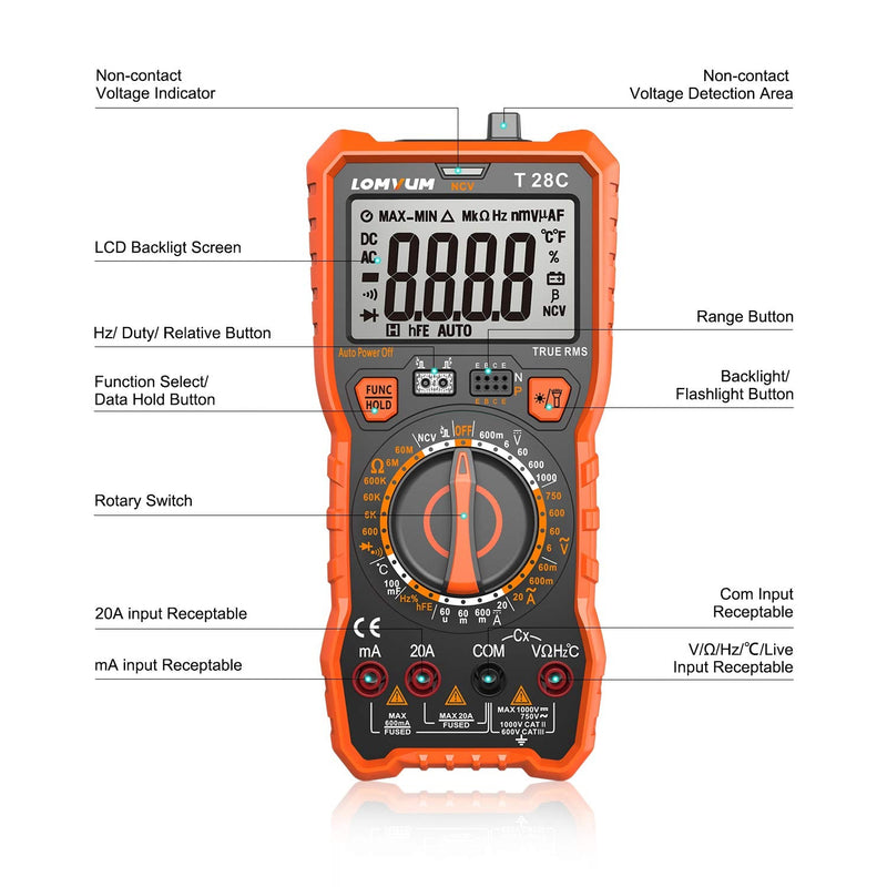 [Australia - AusPower] - Lomvum Digital Multimeter 6000 Counts TRMS Auto-Ranging Portable Multimeter with AC DC Voltmeter and Ohmmeter Tester，Measures Voltage Current Capacitance Resistance Temperature Frequency Diode (T6) 
