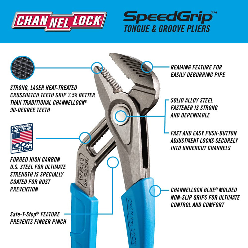 Channellock Tongue & Groove Pliers 430X SpeedGrip - Straight Jaw, Made in USA, High Carbon Steel - 10 in 10-inch