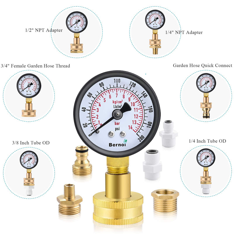 [Australia - AusPower] - Water Pressure Gauge Kit,Universal Water Pressure Test Gauge with Lead-Free Brass Hose Fittings,3/4" Female Coupler Plus 5 Adapters to Test in Multiple Systems,0-200 Psi Hydraulic Pressure Tester 2.1" Dial 