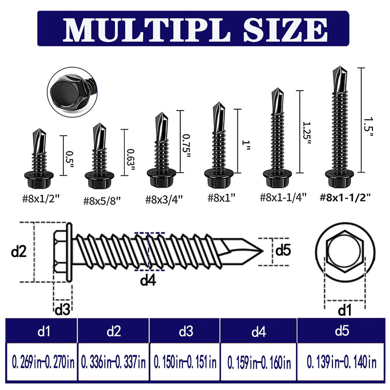 [Australia - AusPower] - 100 PCS 410 Stainless Steel #8X5/8" Self Tapping Screws for Metal, Self Drilling Screws Assortment Kit, Black Oxide. (HEX #8X5/8") HEX #8X5/8" 