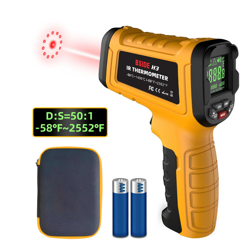 [Australia - AusPower] - BSIDE High Temp Infrared Thermometer Gun -58℉~2552℉(-50℃~1400℃), D:S=50:1, High Temperature IR Laser Pyrometer Non-Contact Color LCD Thermometer for HVAC Furnace Industry Forge Casting Metallurgy H3 (-58℉~2552℉) 
