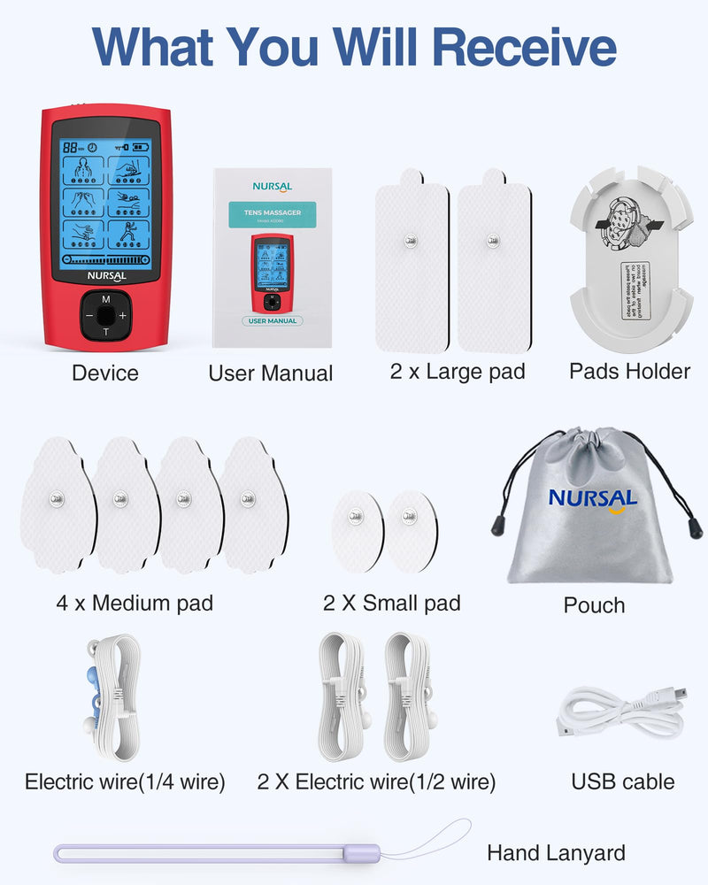 [Australia - AusPower] - NURSAL 24 Modes TENS Unit Muscle Stimulator, Rechargeable Electronic Pulse Massager with 8 Pads for Back and Shoulder Pain Relief and Muscle Strength (Red) 