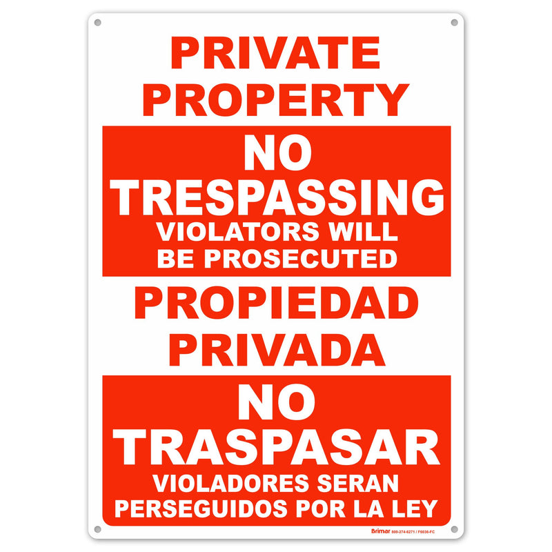 Brimar - 10" x 14" - Bilingual Violators Prosecuted No Trespassing Sign - .040″ Rust-Free Aluminum - Easy Installation - High Visibility 10"x14" Violators Prosecuted (Red)