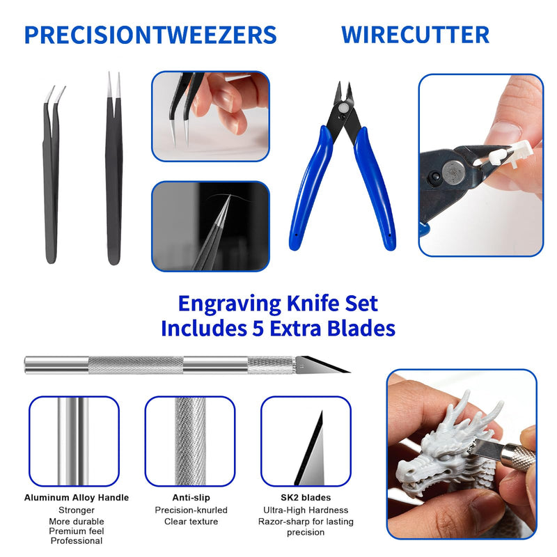 [Australia - AusPower] - 52Pcs 3D Printer Tool Kit Includes a Scraper, Nozzle Cleaning Needle, deburring Tool, File, Wire Cutters, and Brushes Maintenance kit for All FDM/SLA 3D Printing DIY Model Enthusiasts 