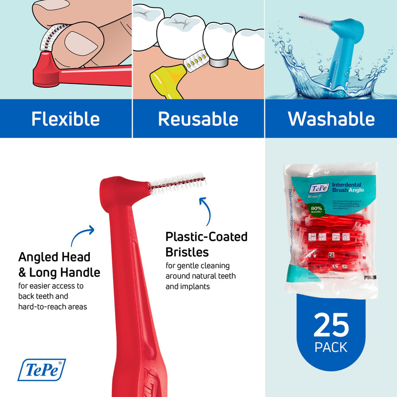 [Australia - AusPower] - TePe Interdental Brush Angle, Angled Dental Brush for Teeth Cleaning, Pack of 25, 0.5 mm, Extra-Small/Small Gaps, Red, Size 2 25 Count (Pack of 1) 