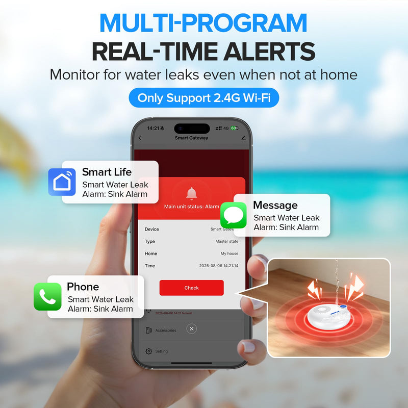 Nuleto WiFi Water Leak Detector 1s,Water Detectors & Alarms,Water Leak Sensor with SMS,Phone Call,APP Push,492ft for Home,Basement,Kitchen,5 Pack,2.4G WiFi Only 1 gateway + 5 sensor
