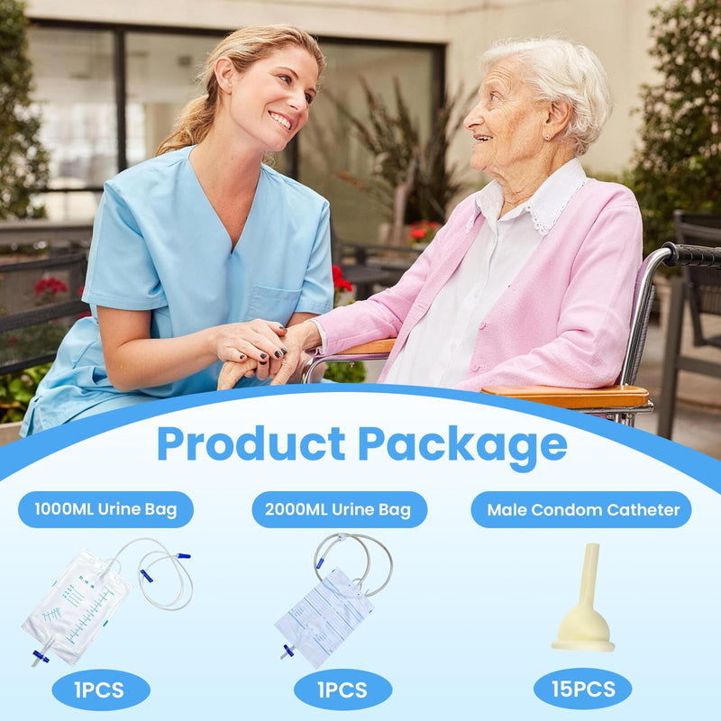 Urinal Condom for Men (35 mm) + 2000 ml Urine Bag + 1000 ml Urine Bag Pack of 15 | Worry-free day and night, no need to replace frequently, saving you time and effort