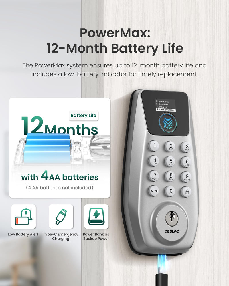 DESLOC C110 Smart Lock with LockVue Display, 3-in-1 Keyless Entry Door Lock with Fingerprint, Passcode & Key, BHMA Certified Deadbolt, Auto Lock, 12-Month Battery for Home, Apartment & Airbnb, Silver Deadbolts