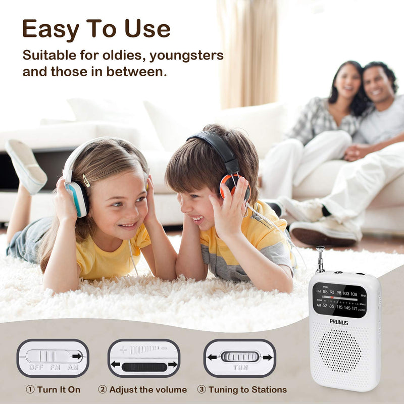 [Australia - AusPower] - PRUNUS J-777 Pocket Radios Portable AM FM Small Walkman Radio with Best Reception, 2 AAA Battery Operated Transistor Radio with Headphone & Speaker for Walk/Jogging/Gym/Camping White 
