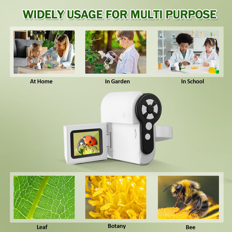 [Australia - AusPower] - Pocket Microscope for Kids, 1000X Handheld Kids Microscope with 6 Adjustable LED Lights, 2'' LCD Screen Mini Portable Microscope for Kids, 32GB SD Card Including Back to School Supplies White 