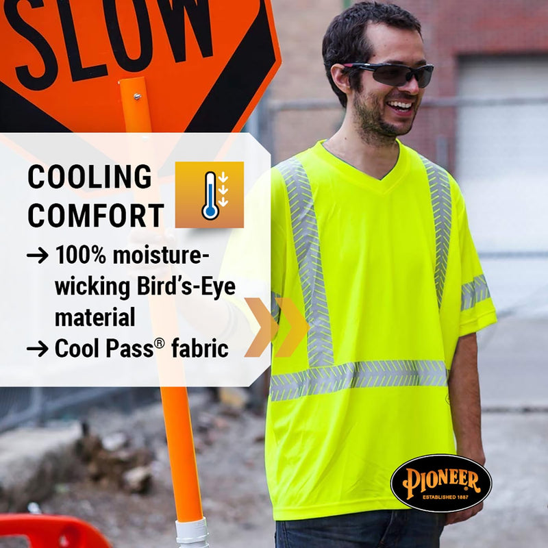Pioneer Hi Vis Safety T-Shirt for Men - Lightweight Cool Pass Fabric - UPF 50+ Sun Protection - Reflective Tape - Yellow/Green 4X-Large