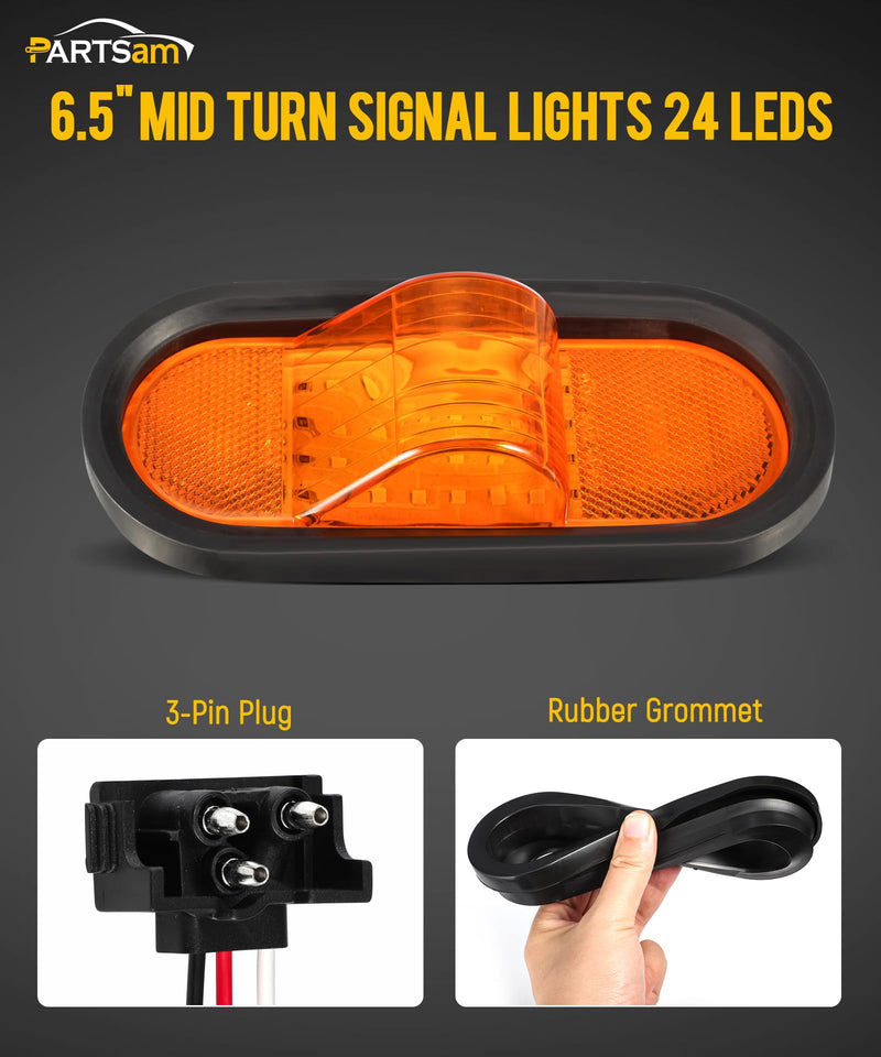 [Australia - AusPower] - Partsam 2Pcs 6.5" Mid Turn Signal Amber Marker Light Rubber Mount 24 LED w/Reflex Lens Universal Waterproof 6 Inch Oval Led Mid-Ship Marker and Turn Signal Semi Truck Trailer Light 