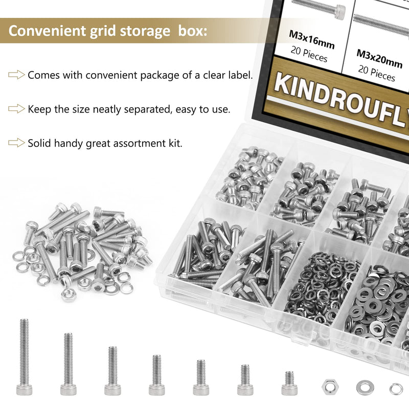 [Australia - AusPower] - 562 Pieces M3 x 4/6 /8/10 /12/16 /20mm Hex Socket Head Cap Screws Nuts Washers Assortment Kit, 304 Stainless Steel, Fully Machine Thread 