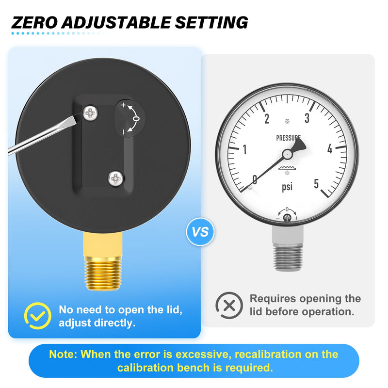 [Australia - AusPower] - MEANLIN MEASURE 0-3Psi Diaphragm Type Capsule Low-Pressure Gauge, Water Column Gauge, 2.6" Dial, 1/4" NPT, Rear Adjustable Knob, with 1/2" NPT and 3/8" NPT Hex Bushing, Lower Mount 0~3Psi 