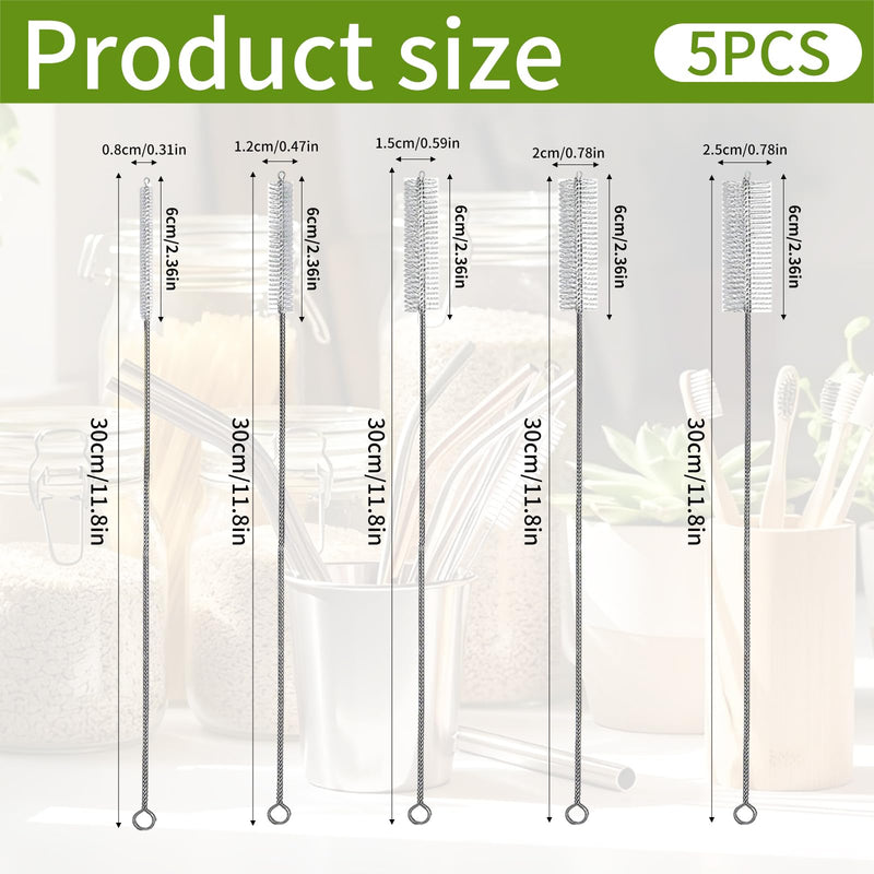 5-Piece Tube Brush Set with Wooden Handle - T-shaped Cleaning Brushes Diameter 8/12/15/20/25 mm - Stainless Steel Brushes for Drilling Holes, Pipes, Straws, Bottles, Kettles and Hard to Reach Place