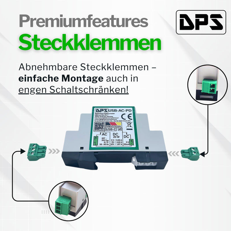 DPS - DIN Rail Power Supply USB-C 230V AC, 20W Power Delivery - 5V/9V/12V - with Short Circuit & Surge Protection - Industrial Quality AC-USB-PD_1 Stück