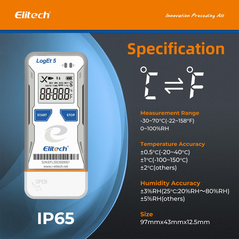 [Australia - AusPower] - Elitech LogEt5TH USB Temperature and Humidity Data Logger, -30°C to 70°C, 32000 Memory Points, Auto PDF/CSV Reports, Compatible with Windows & MacOS, Reusable for Food Cold Chain Temperature -30 ~ 70 °C and humidity 