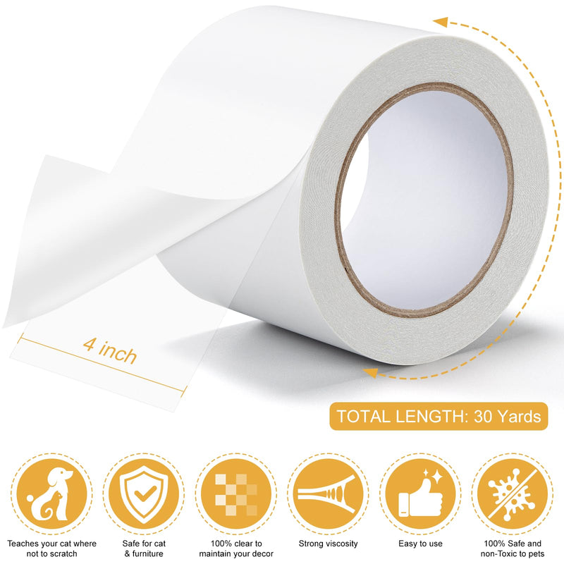 Anti Cat Scratch Tape 4 Inches x 30 Yards Pet Training Tape, Transparent Furniture Protector, Double Sided Cat & Dog Scratch Deterrent for Couch, Doors and Walls