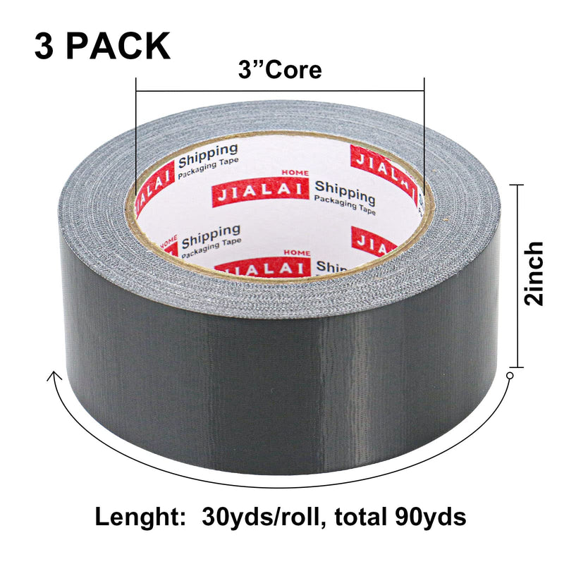 JIALAI HOME Heavy Duty Duct Tape, Black Tape 2 Inches x 30 Yards 3-Pack, 8.27 mil, Strong, Flexible, No Residue, All-Weather and Tear by Hand - for Repairs, Industrial, Professional Use