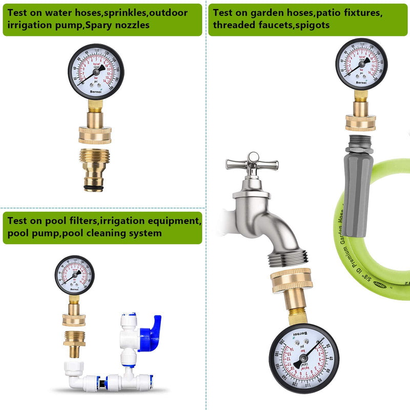 [Australia - AusPower] - Water Pressure Gauge Kit,Universal Water Pressure Test Gauge with Lead-Free Brass Hose Fittings,3/4" Female Coupler Plus 5 Adapters to Test in Multiple Systems,0-200 Psi Hydraulic Pressure Tester 2.1" Dial 