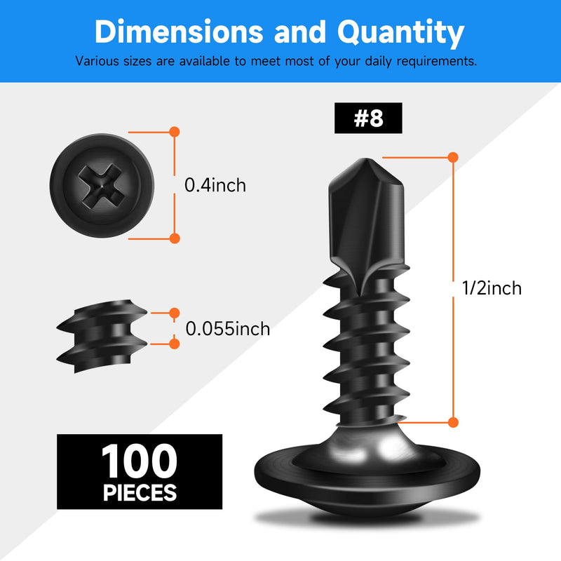 [Australia - AusPower] - 100Pcs #8 x 1/2" Black Self Tapping Screws for Metal, 410 Stainless Steel, Sheet Metal Screws for Metal, Truss Head High-Strength Quick Tapping #8×1/2" 100 