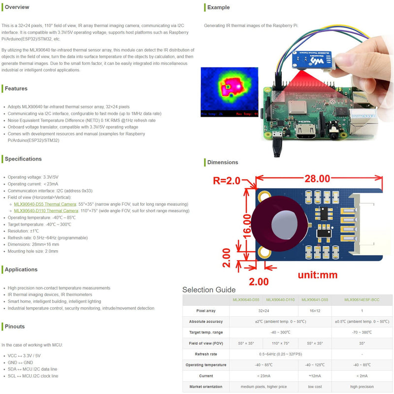 [Australia - AusPower] - Waveshare MLX90640 IR Array Thermal Imaging Camera with 32×24 Pixels 110° Field of View Communicating via I2C Interface Supports Raspberry Pi/rduino(ESP32)/STM32, etc. 